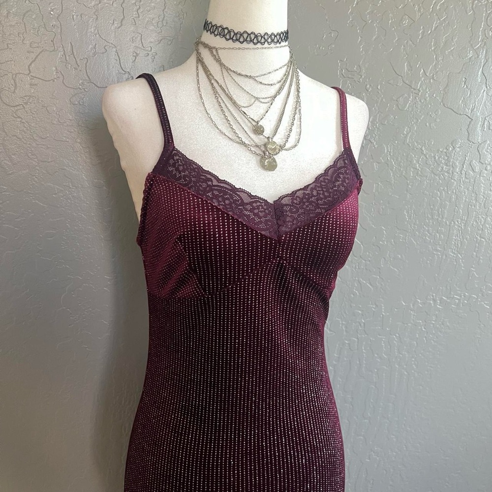 Burgundy Lace-Trim Slip Dress with Sparkle